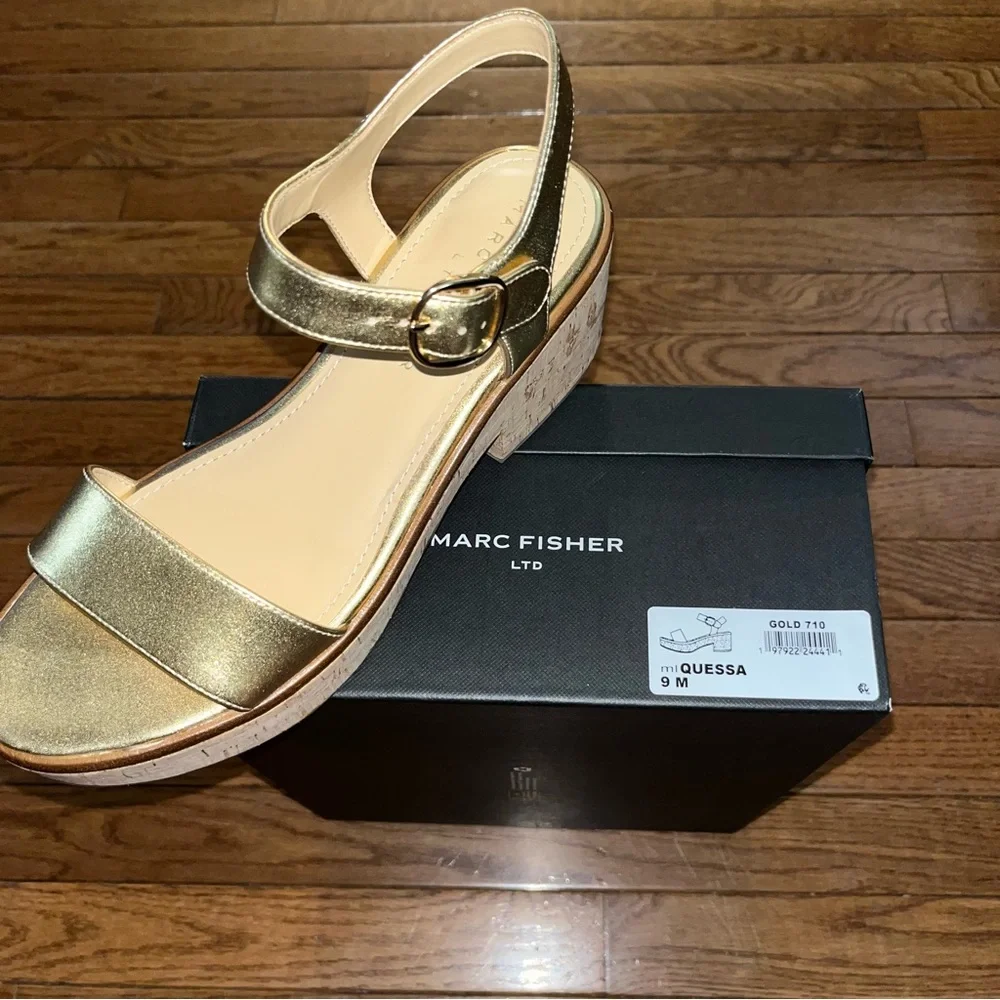 Marc Fisher LTD Quessa Platform Sandals Gold 710 & Tan Women’s Size 9
